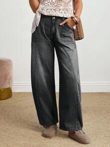 EMERY ROSE 女式休闲日常水洗斜口袋宽松牛仔裤 - 深灰色 - 查看 5