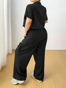 POPSWAY Conjunto de camisa y pantalones de utilidad casual de talla grande con cinturón - Negro - Ver 2