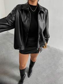 Firerie Plus Size Women Black Long Sleeve PU Jacket,Fall Clothes For Women - Black - View 8