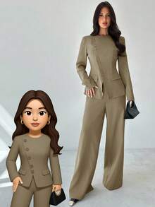 Firerie 女士优雅通勤日常百搭街头时尚新款不对称翻领纽扣腰长袖西装外套和高腰裤卡其灰色两件套西装套装，秋冬 - 卡其色 - 查看 1