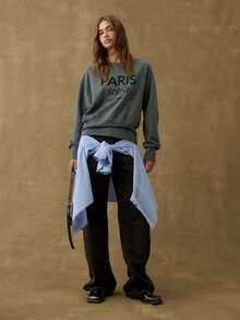 Nöista Dusty Blue Paris-Print Sweatshirt For Women,Relaxed Fit Dropped Shoulders Ribbed Cuffs,Autumn Streetwear Casual School Back-To-School Cozy Winter Top - Dark Grey - View 5