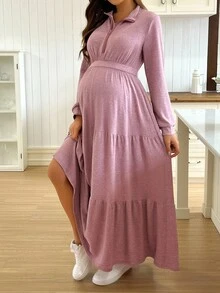 SHEIN Casual Solid Color Turndown Collar Nursing Dress - Dusty Pink - View 6