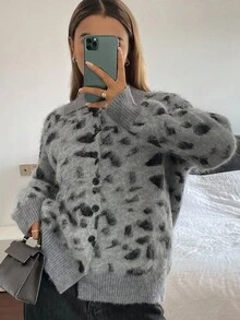 Livesso 女式豹纹长袖翻领宽松休闲开衫，秋季 - 灰色 - 查看 1