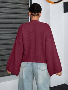 CasuGlow Áo chui đầu dáng rộng cổ chữ V sâu, tay loe ba phần tư, dáng rộng, màu trơn, ấm áp, thoải mái, sang trọng cho mùa đông - Màu Đỏ Sâu - Xem 2