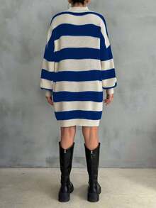SHEIN Cottnline Women Drop Shoulder Sweater Dress With Striped Pattern - Royal Blue - View 3