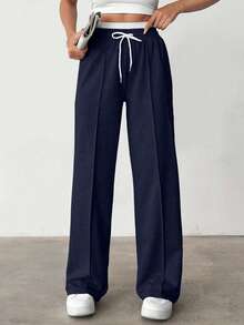 EURMUSE Women's Cotton Belt Detailed Sweatpants - Navy Blue - View 4