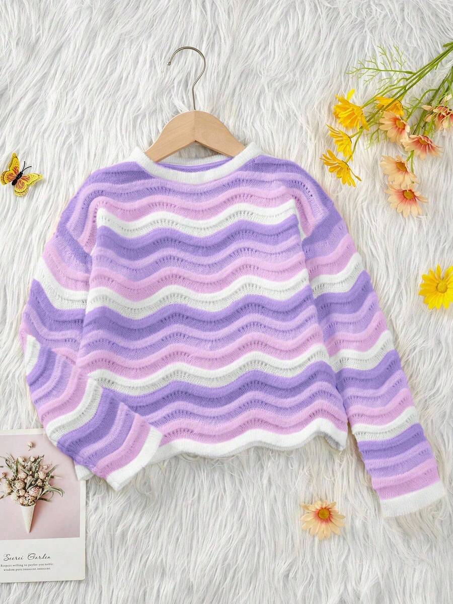 SHEIN 少女渐变色波浪图案可爱轻便毛衣 - 紫色 - 查看 1