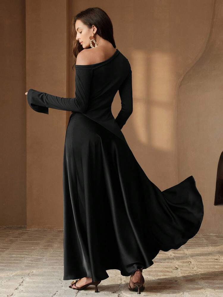 Anewsta Essential High-EndKnitted & Woven Patchwork Sexy Slim-Fit HighWaist Slash Shoulder Long Sleeve Dress InCoffee Color