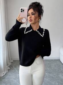 SHEIN Elenzya Women's Autumn/Winter Aniusta Casual Top, Suitable For Vacation, Independence Day, Labor Day, Columbus Day, Thanksgiving, Valentine's Day, Vintage, Stockholm, Tulum, Korean Style, Elegant, Versatile, Student, Teacher, Gothic, Office, Business Casual, Back To School Season, Embellished Collar Black Knit Sweater - Black - View 7