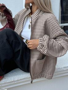 Livesso Women's Loose Fit Wool Blended Jacket With Geometric Pattern, Casual Business Style For Office Wear, Autumn/Winter Fleece Lined Women Coats