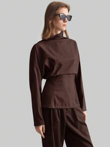 Ontre 2025秋冬女士束腰立领长袖衬衫，现代优雅都市商务休闲办公装，适合约会、派对、郊游、婚礼、生日、万圣节、圣诞节等场合，优雅女士衬衫，教师装 - 咖啡棕 - 查看 5