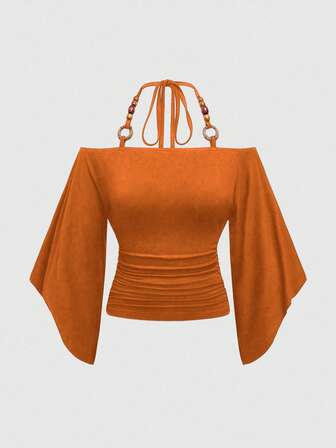 Hippie Maglietta da donna vintage con scollo a spalle scoperte, decorazione in perle di legno e maniche a pipistrello oversize