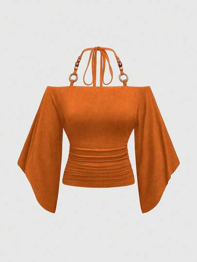 Hippie Vintage Loose Off Shoulder Wooden Bead Decor Batwing Sleeve Women T-Shirt