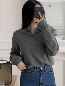 DAZY 复古风格女式长袖分层 Polo 领毛衣 - 灰色 - 查看 2
