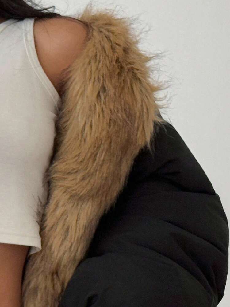 Women's Fur Collar Patchwork Long Sleeve Open Front Loose Winter Coat Jacket