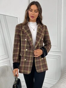 EMERY ROSE 女式格子翻领长袖双排扣休闲西装外套，秋季 - 彩色 - 查看 6