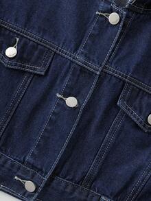 GlowEve 女士休闲时尚街头风格翻盖牛仔夹克单排扣连帽牛仔裤套装，春秋 - 深色水洗藍 - 查看 7