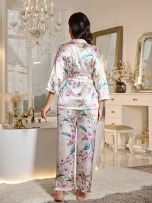 LuxeNights 女士新款优雅奢华七分袖短款睡袍和裤子睡衣套装，秋冬秋季服装 - 彩色 - 查看 3