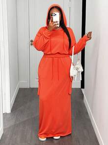 Slaydiva 秋冬新款音乐节、复活节、生日派对、日常休闲、度假、邮轮旅行、海滩、日光浴，时尚橙色长袖连帽衫和工装口袋裙加大码两件套 - 橘色 - 查看 10