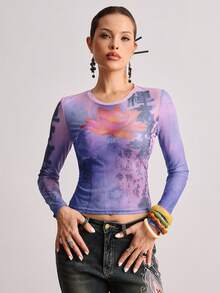 ROMWE Avant New Chinese Style Lotus Flower & Goldfish Calligraphy Text Sheer Blouse For Women - Multicolor - View 1
