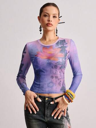 ROMWE Avant Nueva blusa transparente con estilo chino, con flor de loto y texto de caligrafía de peces dorados para mujeres