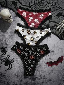 AltCore 3 sztuki/zestaw damskich koronkowych, patchworkowych, wygodnych majtek, odpowiednich na Halloween
