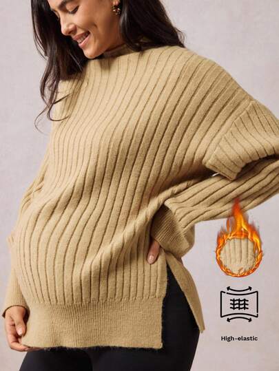 Boho Mama Suéter casual suelto de manga larga con cuello alto y hombros caídos, de unicolor, para maternidad, otoño