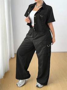 POPSWAY Conjunto de camisa y pantalones de utilidad casual de talla grande con cinturón - Negro - Ver 3