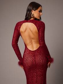 Silquee 蕾丝曲线连衣裙，优雅假日派对、生日、情人节/婚礼宾客礼服/秋季服装/万圣节/返校节/圣诞节/外出/女士生日礼服/女士派对迷你连衣裙，浪漫立领豹纹植绒优雅性感开衩长袖紧身连衣裙，适合情人节、圣诞节、约会、外出、夜店派对、聚会等场合，秋冬季浪漫纯红色、酒红色、波尔多红、动物纹植绒，优雅性感鱼尾毛拼接长袖 - 酒紅色 - 查看 6