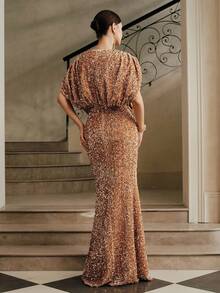 Anewsta Váy sequin cổ chữ V dành cho nữ, thanh lịch cho tiệc tùng, Giáng sinh, tiệc sinh nhật, váy dạ hội - Màu be - Xem 2