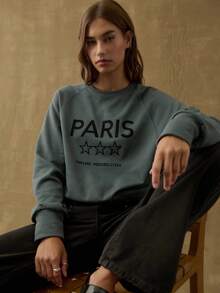 Nöista Dusty Blue Paris-Print Sweatshirt For Women,Relaxed Fit Dropped Shoulders Ribbed Cuffs,Autumn Streetwear Casual School Back-To-School Cozy Winter Top - Dark Grey - View 1