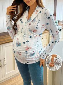 SHEIN Maternity & Nursing Floral Print Overlap Collar Fitted Long Sleeve Top, Autumn - Multicolor - View 3
