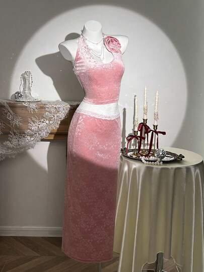 Elamini 2 件套奢华优雅套装：粉红玫瑰天鹅绒压花 3D 花卉蕾丝拼布透视腰带