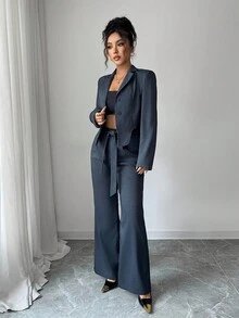 Elenzga 女士优雅办公室通勤装，高端舌形下摆，性感镂空设计，深灰色长袖西装外套和裤子，百搭西装两件套，秋冬 - 深灰色 - 查看 7