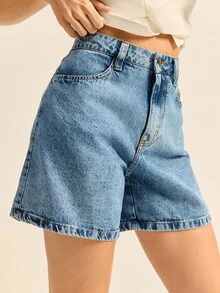 Daynim Quần short denim ống rộng cạp cao - Rửa nhẹ - Xem 1