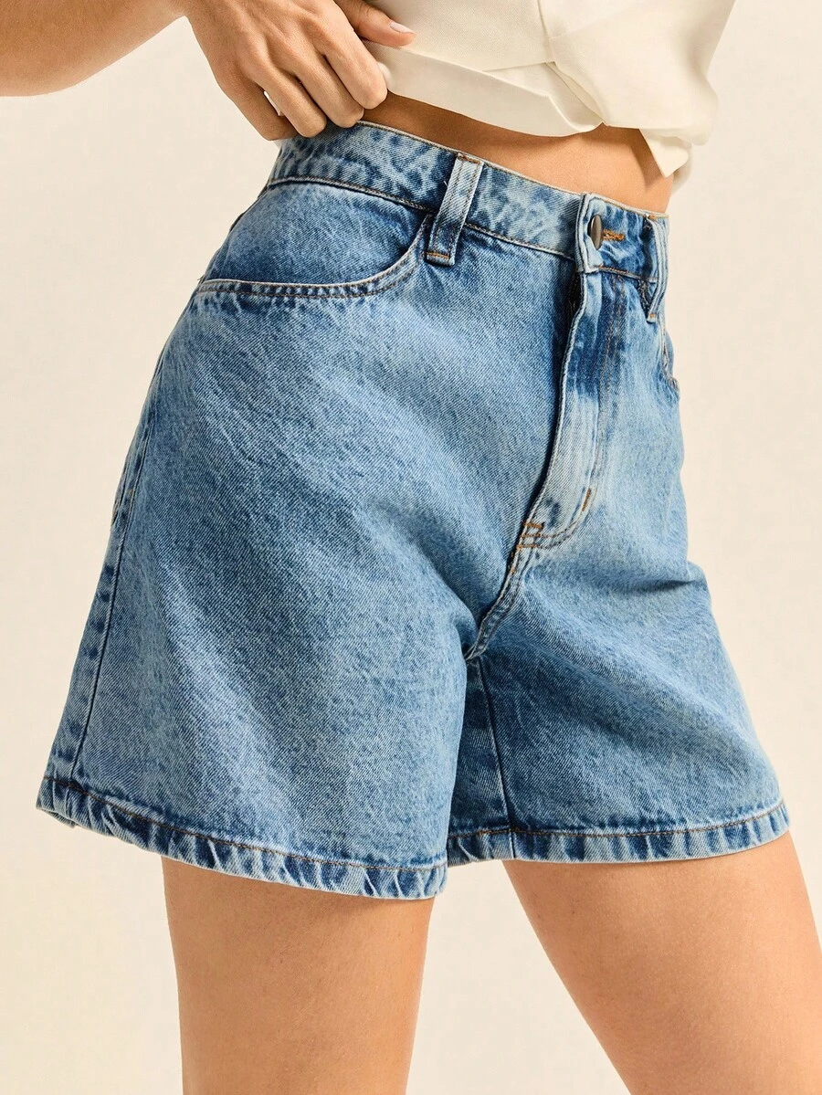 Daynim Quần short denim ống rộng cạp cao - Rửa nhẹ - Xem 1