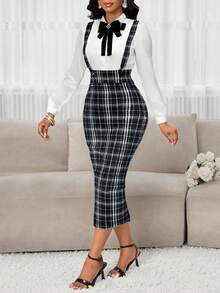 SHEIN Lady 女士时尚百搭后开衩紧身连衣裙（带肩带）适合秋冬季女士秋季服装女士秋季连衣裙冬季连衣裙 - 黑與白 - 查看 3