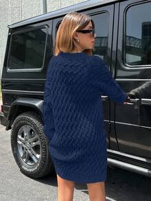 SHEIN Cottnline Solid Cable Pattern Sweater Dress - Navy Blue - View 2