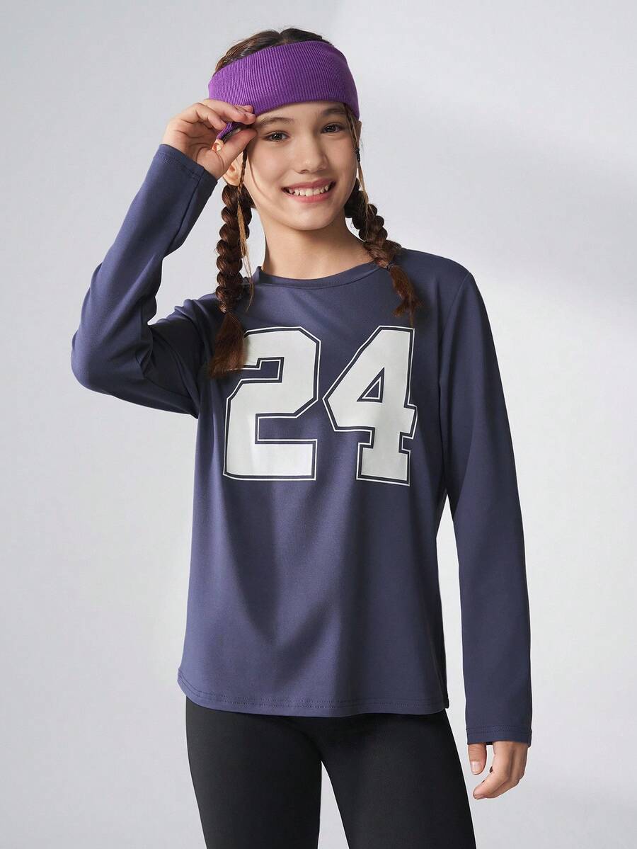 JNSQ Tween Girls Casual Loose Funny Number Print Round Neck T-Shirt, Suitable For Autumn/Winter Daily Wear, Outdoor Activities, Vacation, Street Style, Party - Blue - View 1