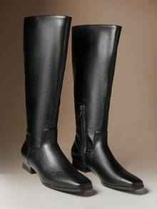 SHUZIA Women Everyday Casual Comfortable Square Toe Low Heel Zip-On Knee-High Boots