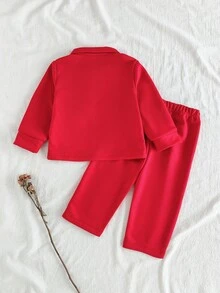 SHEIN Playful Pals 2 件女婴休闲长袖上衣 + 卡其色裤子套装，适合外出或居家休闲 - 紅色 - 查看 2