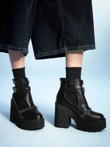 Sugerpunk Giày bốt cổ ngắn kiểu Gothic cổ điển gợi cảm khoét rỗng, gót chunky, kiểu punk, dây xích vàng khóa đôi, bốt cao gót đế dày chống thấm nước dành cho nữ. - màu đen - Xem 5