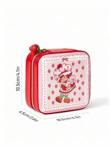Strawberry Shortcake X SHEIN Hộp đựng trang sức du lịch xách tay bằng da PU hình nhân vật hoạt hình, có 3 móc treo dây chuyền, ngăn đựng nhẫn và các ngăn khác, thích hợp để sắp xếp đồ đạc tại nhà, khi đi du lịch, đi làm, dành cho phụ nữ và thanh thiếu niên, họa tiết dâu tây, ren, đồng quê, ý tưởng quà tặng. - Đỏ - Xem 6