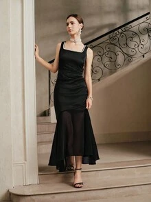 Anewsta Robe fourreau sans manches avec perles pour femmes, convient pour les fêtes, les concerts, le style de rue, en satin