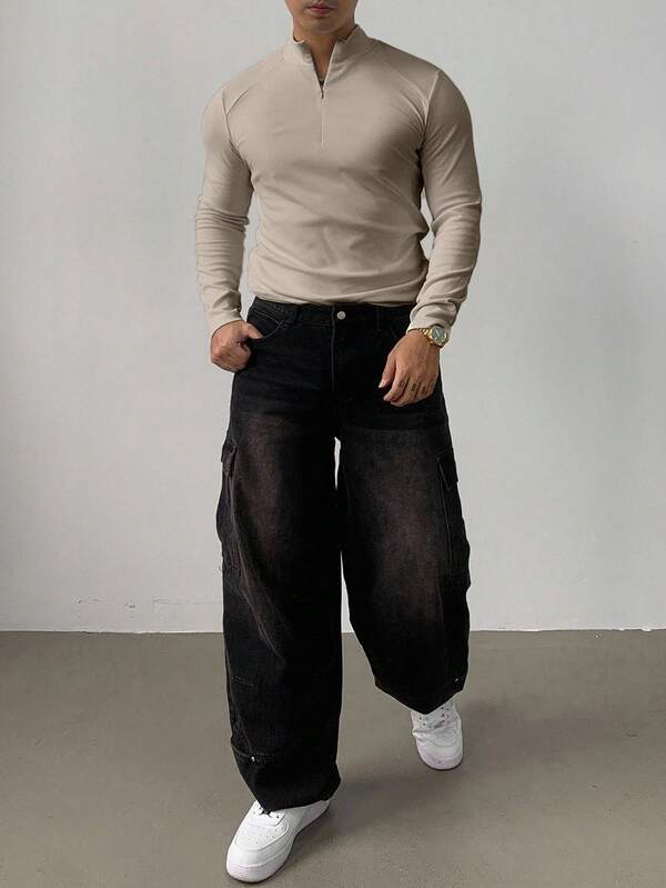 DAZY Camiseta deportiva de ajuste slim de unicolor caqui con media cremallera para hombre, otoño