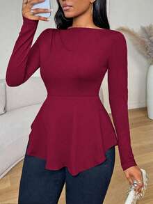 VaVaBold Camiseta de mujer de manga larga con ajuste ceñido y volante en el bajo, color negro sólido, para otoño, con vuelo - Burdeos - Ver 4