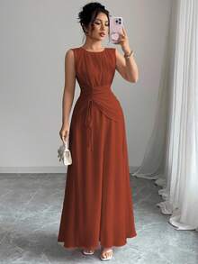 Vestido maxi de gasa elegante y casual para mujer, estilo vintage romántico, adecuado para la playa, elé de la tarde, fiestas, bodas, ir al trabajo, sin mangas, cintura con cordón, espalda plisada, forrado, primavera/verano - Rosa - Ver 11