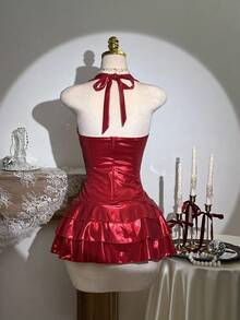 Elamini 1 件闪亮多层挂脖修身迷人性感迷你连衣裙，适合圣诞派对，红色 - 酒紅色 - 查看 2