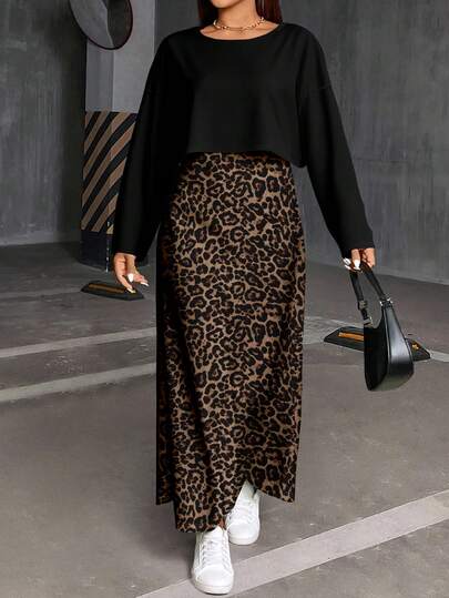 SHEIN Essnce 2pcs/Set Plus Size Women Leopard Print Long Sleeve T-Shirt & Slip Dress, Casual Vacation Outfit, Autumn/Winter Leopard Skirt Leopard Print Skirt Cheetah Print Skirt Split Skirt