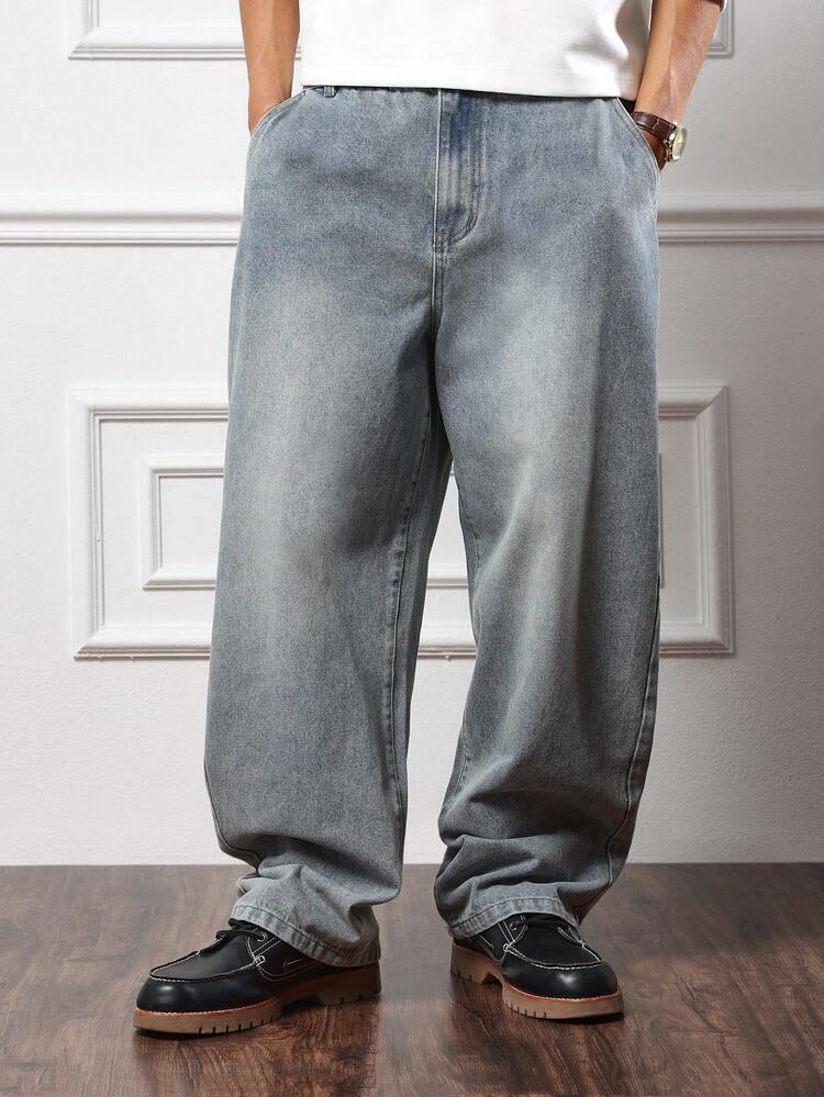 SUMWON Relaxed Fit Wide Leg Chino Jeans Classic Retro Style Baggy Denim Pants With Straight Cut Oversized Street Fashion All Season Bottoms Plain